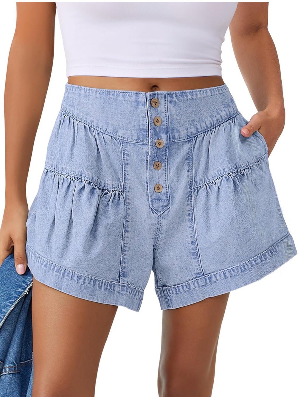 High-Waist Light Blue Denim Button-Front Women's Shorts
